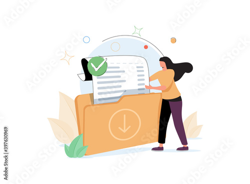Woman holding folder with document. Concept of file download, data storage, cloud computing service, digital information
