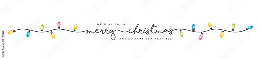 We wish you Merry Christmas and Happy New Year 2021 black handwritten lettering tipography line design pattern colorful Christmas lights white isolated background banner vector
