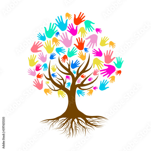 colorful hand with tree isolate on white background.