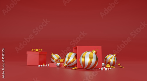 merry christmas and happy new year background with festive decoration and copy space. 3D illustration photo