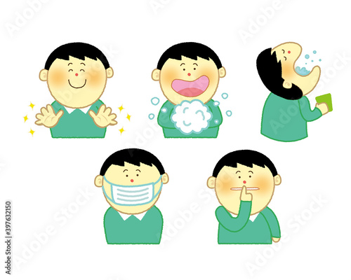 手洗いうがいをする男の子