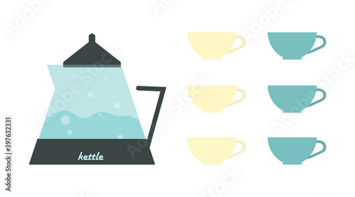 Tea. Fresh brewed tea - teapot, pour in a cup of tea. Kettle boils icon in a flat style. Household appliances. Flat illustration of vector kettle. tea isolated on white background. Drinks sign symbol.