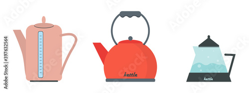 Set kettle boils icon in a flat style. Household appliances. Flat illustration of vector kettle. tea isolated on white background. Drinks sign symbol.