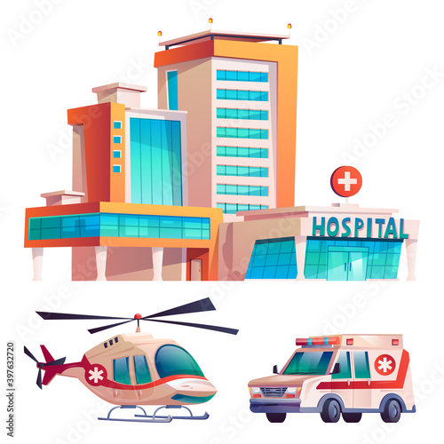 Medical clinic with hospital building, ambulance van and helicopter isolated cartoon icons set. Vector modern healthcare office architecture, first emergency transport, urgency ambulatory center