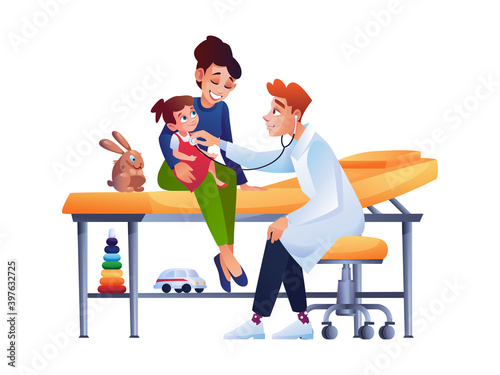 Pediatrician examines baby girl with mom isolated doctor checking up young toddler by stethoscope. Vector mother sitting on medical bed with kids toys, pediatric consultation and examination