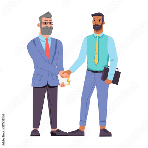 Businessman of different ages shaking hands isolated flat cartoon characters. Vector bearded middle age boss in glasses and young worker greeting by handshake, cooperation and agreement, teamwork