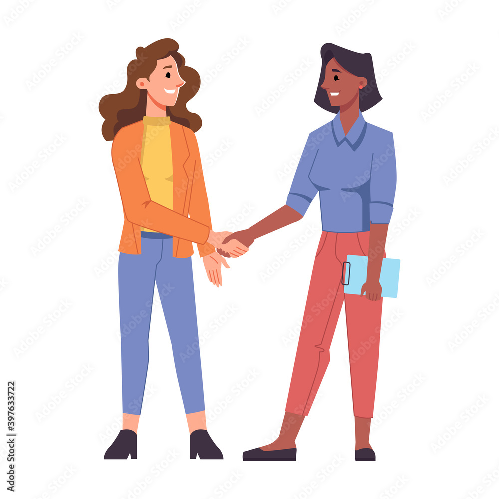 Female characters of different races shaking hands and smiling. Isolated business people, colleagues or partners working in team. Cooperation and agreement between sides. Vector in flat style