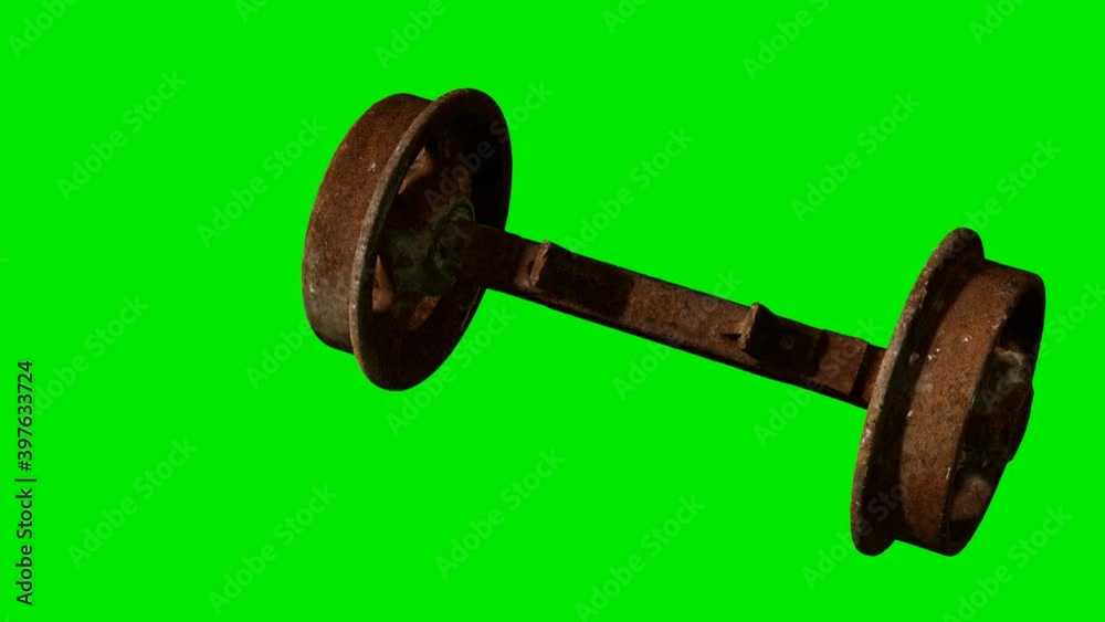 Wheels of train on green chromakey background