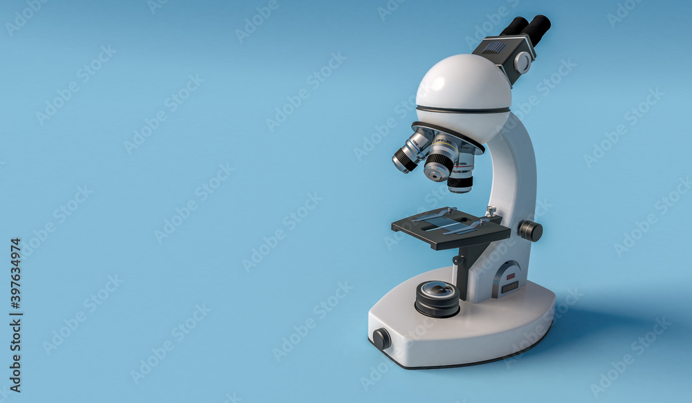 Optical microscope isolated on light blue backdrop with copy space, 3d illustration. Optical microscope isolated on light blue backdrop with copy space, 3d illustration.