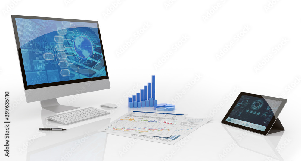 Computer, laptop and economic data charts isolated on white background. 3d illustration of financial technology services. Concept about mobile banking, trading, accounting and fintech Computer, laptop and economic data charts isolated on white background. 3d illustration of financial technology services. Concept about mobile banking, trading, accounting and fintech
