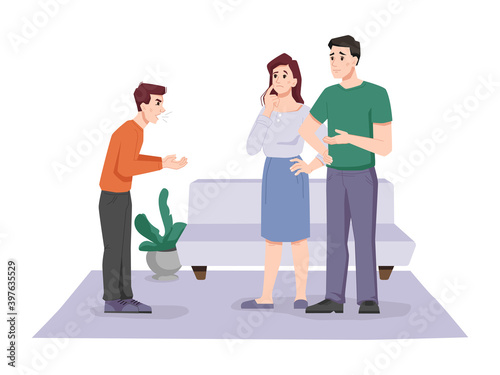 Teenager screaming at parents isolated caucasian teen, family conflict. Vector guy expresses emotion of anger on his mother and father in living room. Frustrated, scared or shocked aggressive son