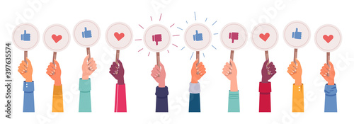 Hands vote, likes and dislikes, hearts and feedback isolated icons set. Vector social media votes, positive and approve signs. Satisfaction and success marks, multiethnic and afro american asian skin photo