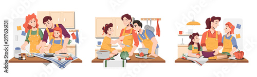 Children helping parents to cook dinner or lunch. Family in kitchen preparing food. Mom and dad with daughter dealing with dishes. Girl gives father to try soup. Cartoon character, vector in flat