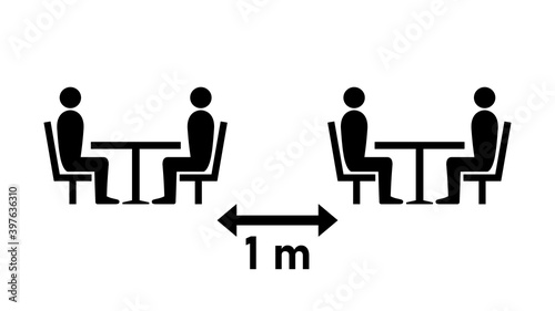 Social Distancing Keep a Safe Distance of 1 m or 1 Meter between the Tables in Cafe or Restaurant Icon. Vector Image.