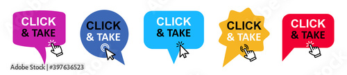 Click and take set chat bubble button with click hand and arrow – stock vector