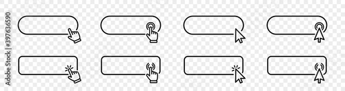 Click cursor set button with hand pointer clicking. Click here web button sign. Isolated website buy or register bar icon with hand finger arrow clicking cursor – stock vector