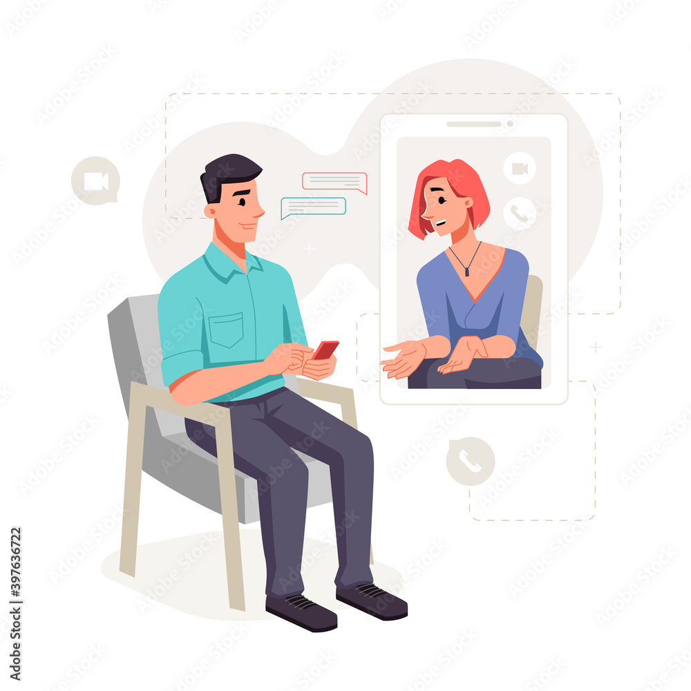 Female patient communicates with psychologist online, video audio call. Vector consultation on computer at home, session with psychologist, distance counseling to stay safe from coronavirus Female patient communicates with psychologist online, video audio call. Vector consultation on computer at home, session with psychologist, distance counseling to stay safe from coronavirus