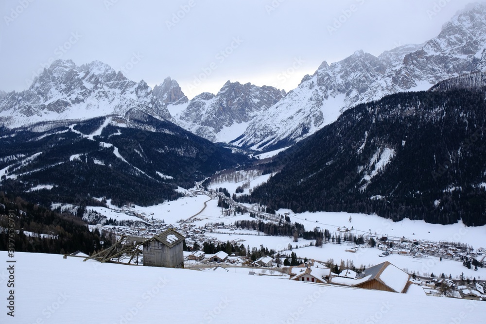 The largest rock sundial in the world Sesto and Val Fiscalina /Fischleintal in winter scenery. Dolomites, Italy, Puster Valley / Alta Pusteria, South Tyrol.