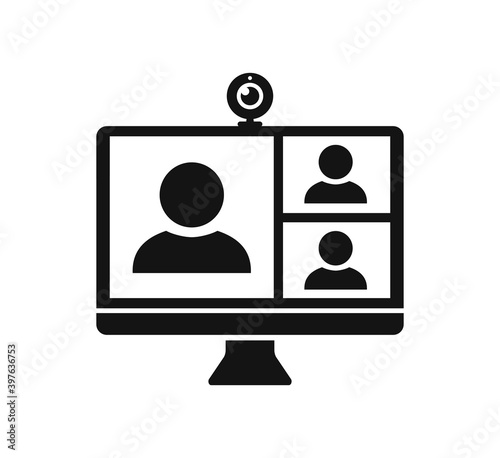 Web conference icon with people and web camera on computer screen, digital communication, teaching media video conference icon, home office in quarantine times – stock vector