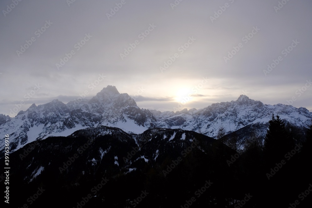 Sunset mountain view from peak Monte Elmo/Helm in Dolomites, Italy, Puster Valley/Alta Pusteria, South Tyrol.