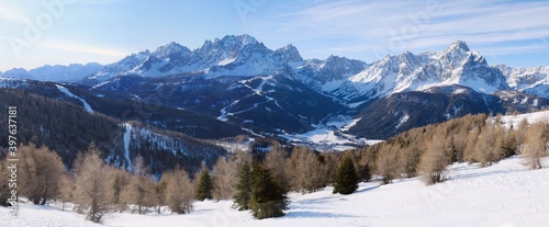 Panoramic view of the largest rock sundial in the world Sesto and Val Fiscalina /Fischleintal in winter scenery. Dolomites, Italy, Puster Valley / Alta Pusteria, South Tyrol.