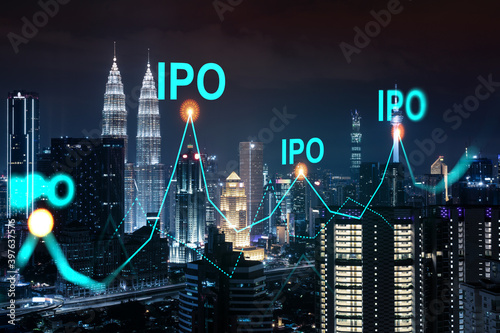Photography Initial public offering hologram, night panoramic city view Kuala Lumpur