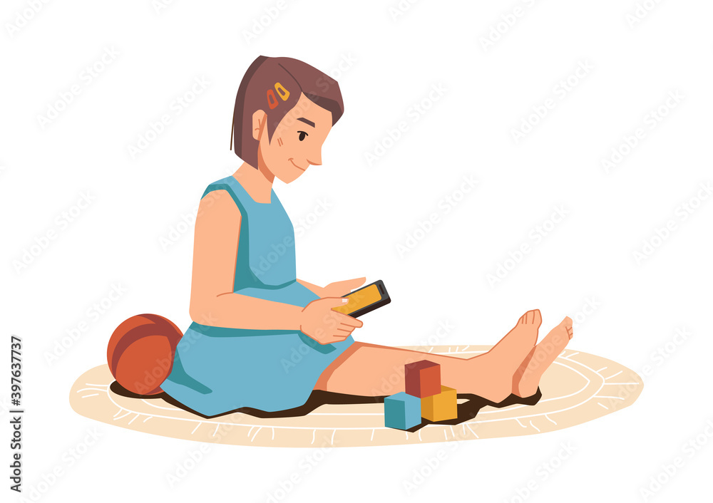Young girl with smartphone in hands sitting on carpet with toys and blocks isolated female pupil. Vector elementary school student with phone chatting, browsing and watching cartoons. Pretty child Young girl with smartphone in hands sitting on carpet with toys and blocks isolated female pupil. Vector elementary school student with phone chatting, browsing and watching cartoons. Pretty child