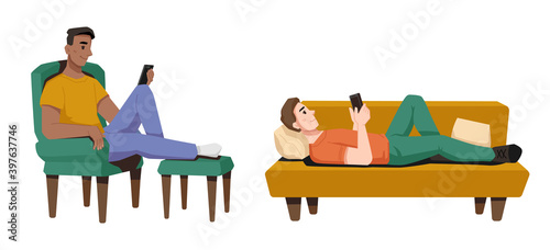 Guys lying and sitting on couch or armchair at home isolated. Vector teenager boy uses smartphone, browsing or chatting, texting or watching videos. Person with cellphone, guy communicating by mobile