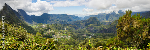 Panorama on the mountain peaks of Reunion Island in the Cirque of Salazie