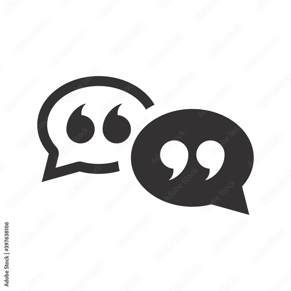 Speech bubble with quotes black vector icon. Chat, messaging or texting symbol with quotation mark and two bubbles. Speech bubble with quotes black vector icon. Chat, messaging or texting symbol with quotation mark and two bubbles.