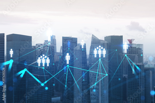 Photography Social media icons hologram over panorama city view of Singapore, Asia