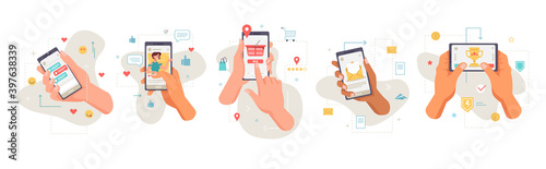 Smartphones screens showing applications, isolated set of icons of hands with mobile phones. Shopping and social media, networks and games. Entertainment and chatting online, vector in flat style