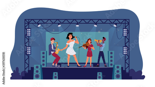 Classic music group on open stage isolated musical band. Vector concert or performance with group of musicians, pretty woman singer, violin player violinist. Man playing on trumpet and brass pipe