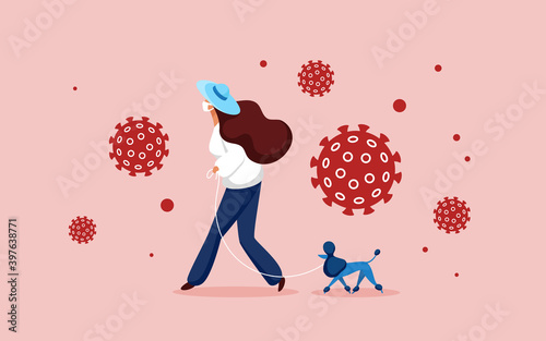 Woman in protective mask walking with pet dog vector illustration. Cartoon girl character holding leash for walk with own doggy animal, wearing mask to protect health against coronavirus background