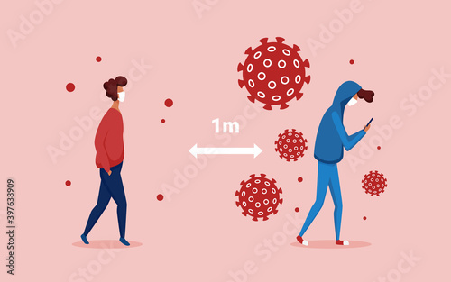 Keep safe social distancing vector illustration. Cartoon people keeping 1m distance barrier for coronavirus infection risk protection, prevention measure to protect health infographic background