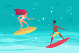 Summer water beach sea sports activity vector illustration. Cartoon active man woman surfers characters stand up surfboards, windsurfing and surfing in sea waves, enjoy tropical vacation background