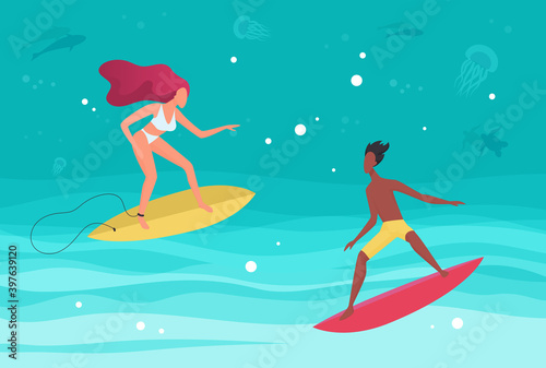 Summer water beach sea sports activity vector illustration. Cartoon active man woman surfers characters stand up surfboards, windsurfing and surfing in sea waves, enjoy tropical vacation background