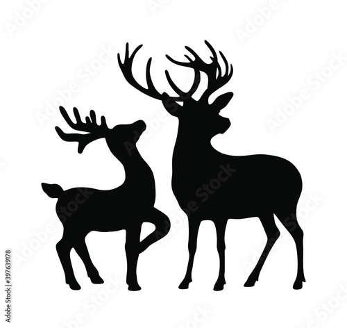 Vector black all body deer stag reindeer with antlers.Outline silhouette stencil drawing illustration isolated on white background .Sticker.T shirt print.Plotter Cutting. Laser cut. Christmas decor