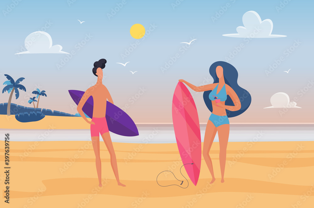 People surfers enjoy tropical nature sea landscape vector illustration. Cartoon man woman characters standing with surfboard for surfing, summer vacation activity in natural sand beach background