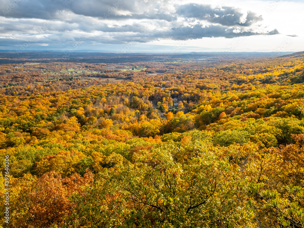 View from Gunks rocks in Upstate New York during the fall foliage peak season