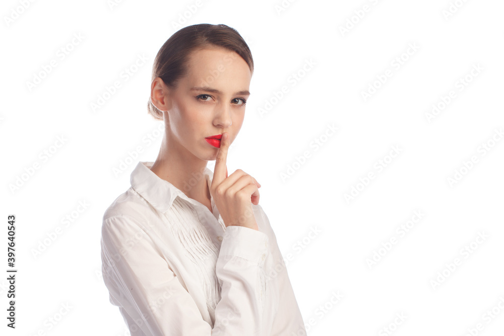 young business style woman with silence gesture isolated on white background young business style woman with silence gesture isolated on white background