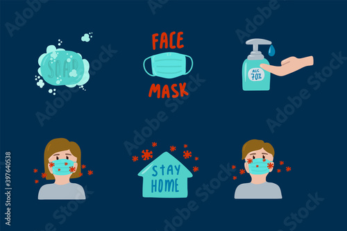 Set icons of hygiene during the outbreak of coronavirus. Vector illustrations of covid 19 coronavirus prevention. High-quality mask design elements  hand disinfection  soap  masked people  stay home