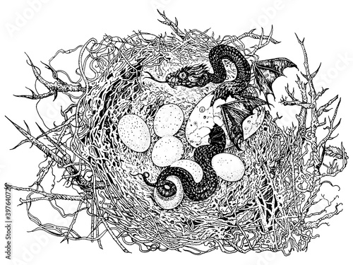 Nest coiled in the branches of a tree. The serpent hatches from the egg. Dragon, folktale, mythology. Hand drawn detailed ink pen fantasy illustration isolated black on white. T-shirt print, tattoo