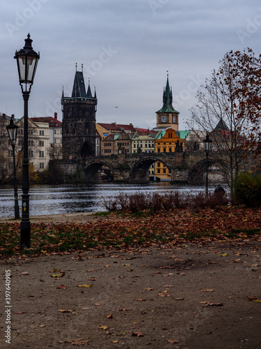 View on Prague's Old Town from across the Vltava River on an autumn evening