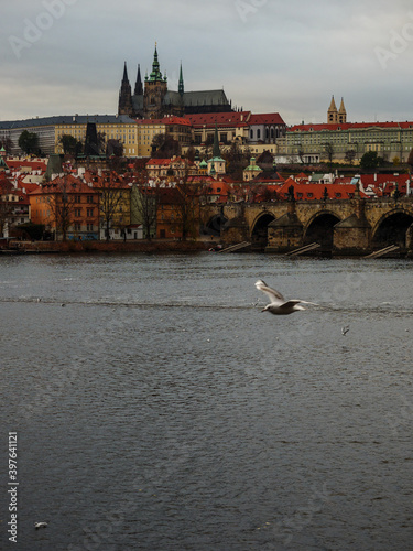 View on Prague Castle and Lesser Town from across the Vltava River on an autumn evening