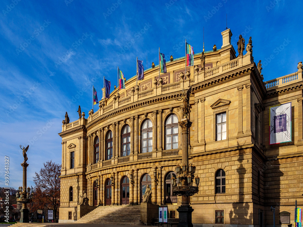Facade of Rudolphinum Opera House in Prague in the evenin light