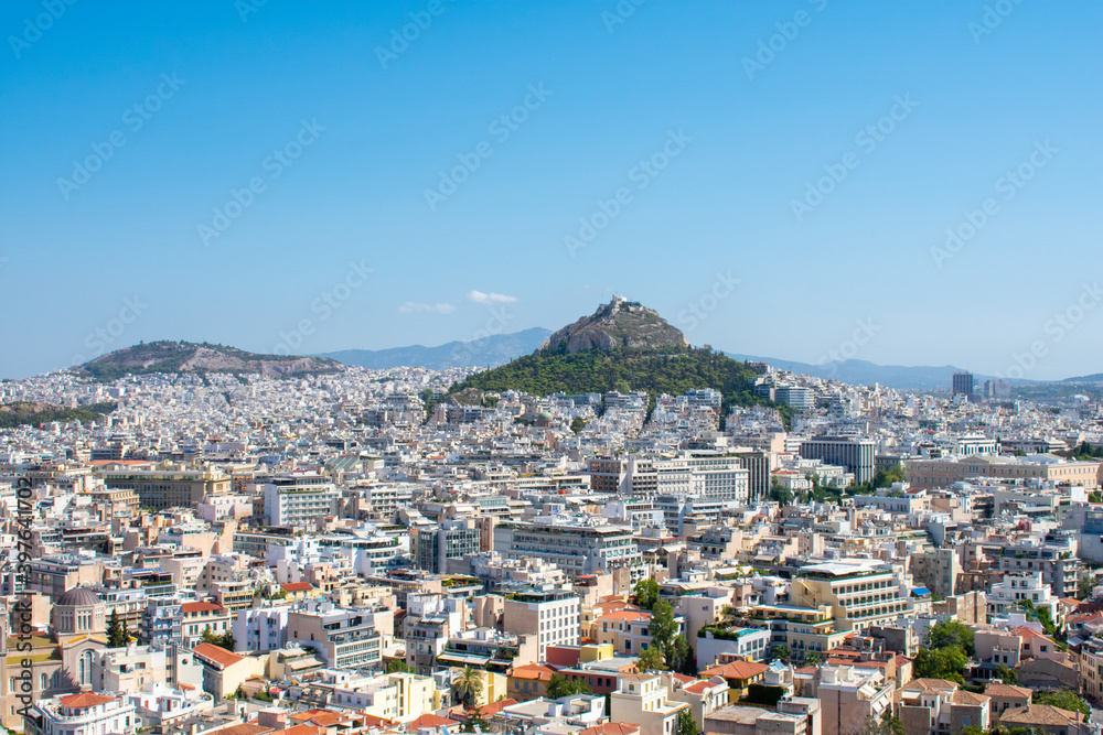 Athens, Greece : Aerial view of City Center and buildings from Acropolis, High angle view of Town