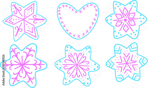 isolated figurines of cookies and snowflakes on a white background. linear vector.