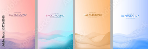 Vector illustration. Minimalist wavy posters. Bright gradient color. Futuristic style. Design for book cover, flyer, leaflet, brochure. Abstract landscapes: desert, hills, sunset scene, sea waves.