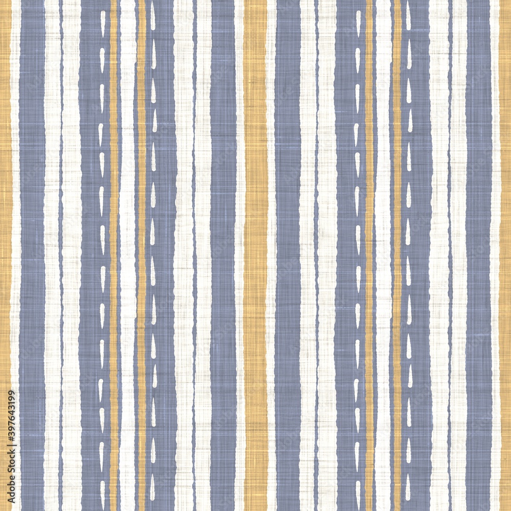 Rollo mit Nahtlose Französisch Blau Gelb Bauernhaus Stil Streifen Textur. Gewebter Leinentuchmusterhintergrund. Linie gestreifter Nahtwebartstoff für Küchentuchmaterial. Picknicktischdecke aus Nadelstreifenfaser #397643199
